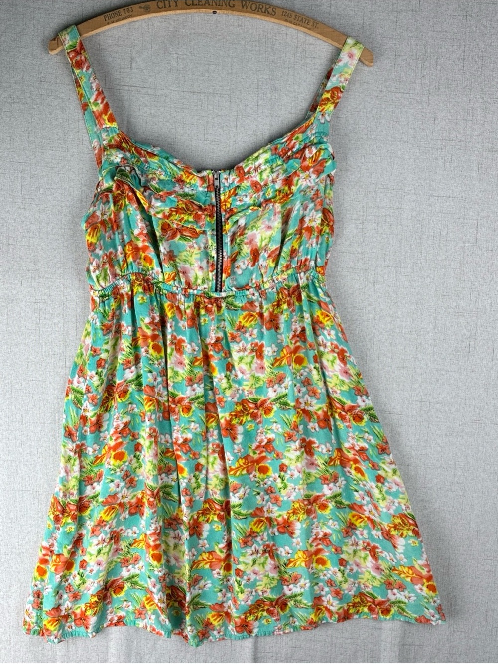 She’s Cool Girls Front Zip Dress M L Soft Aqua Hawaiian Floral Hibiscus Elastic